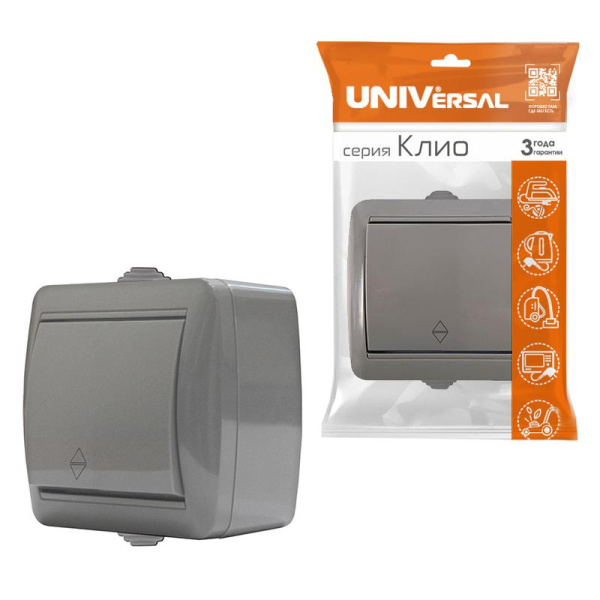 Переключатель проходной 1-кл. ОП Клио 10А IP44 сер. UNIVersal К2230-Gr