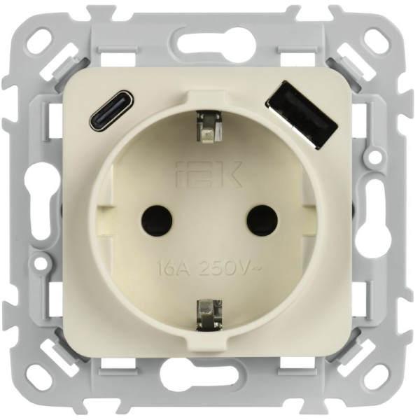 Розетка 1-м СП FLITE РСЮшс11-1-ФлЛ 16А с USB A+C 20Вт с заземл. с защ. шторками безвинтовое крепление механизм льняной IEK FI-R14-16-1-U22-020-K88