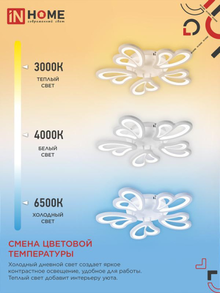 Светильник светодиодный ELEGANT IRIS 90Вт 3000-6500К 7000лм 230В 545х557х90мм с пультом ДУ бел. IN HOME 4690612051475