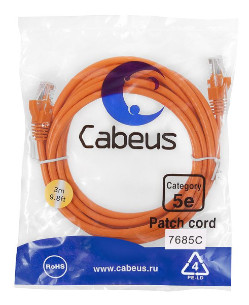 Патч-корд U/UTP кат.5E PC-UTP-RJ45-Cat.5e-3m-OR-LSZH 2хRJ45/8p8c неэкранир. LSZH 3м оранж. Cabeus 9524c