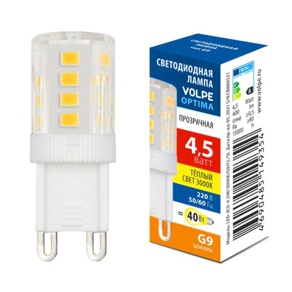 Лампа светодиодная LED-JCD-4.5W/3000K/G9/CL/SLS 4.5Вт JCD прозрачная 3000К тепл. бел. G9 Volpe UL-00008651