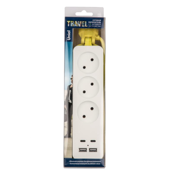 Удлинитель 3х1.8м без заземл. 10А Travel S-CT3-1.8UC WHITE/GREEN 2USB+2TYPE C (31А) бел./салат. Uniel UL-00011138