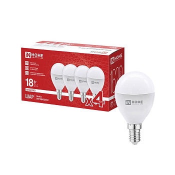 Лампа светодиодная LED-ШАР-VC 4PACK 18Вт шар 4000К E14 1620лм 230В (уп.4шт) IN HOME 4690612066769