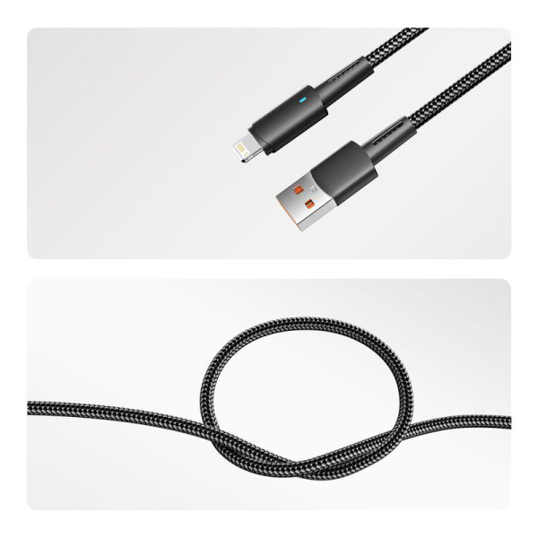 Кабель USB-A-Lightning для Apple 2.4А 1м черн. нейлон. оплетка LED дисплей Rexant 18-7062