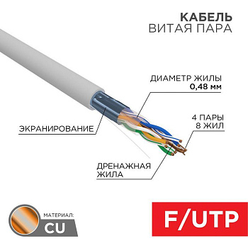 Кабель витая пара F/UTP кат.5e 4х2х24AWG solid PVC INDOOR сер. (уп.100м) PROCONNECT 01-0152-100