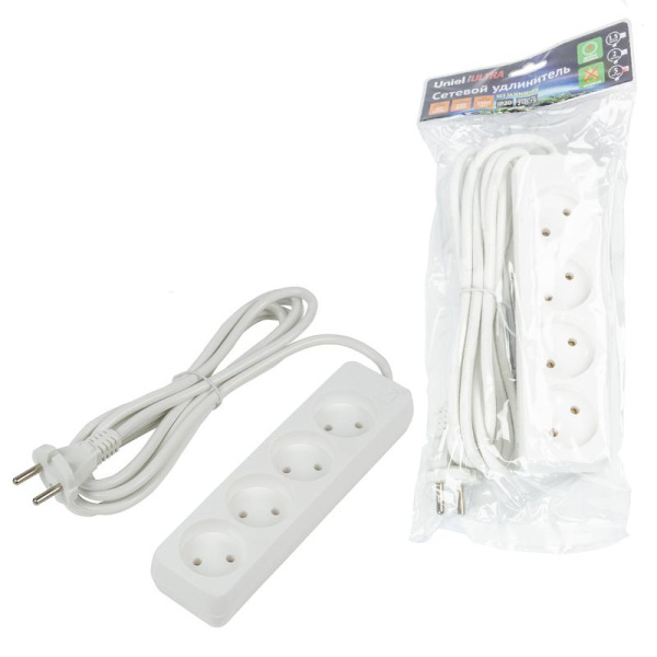 Удлинитель 4х3м без заземл. 10А Ultra S-CU4-3 WHITE бел. Uniel UL-00009988