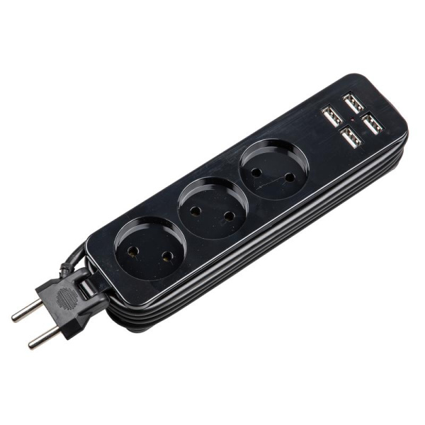 Удлинитель 3х1.8м без заземл. 10А Travel S-CT3-1.8U BLACK 4USB (31А) черн. Uniel UL-00011137