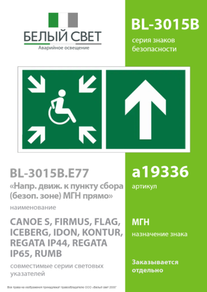 Знак безопасности BL-3015B.E77"Напр.движ. к пункту сбора(безоп.зоне)МГН прямо" Белый свет a19336