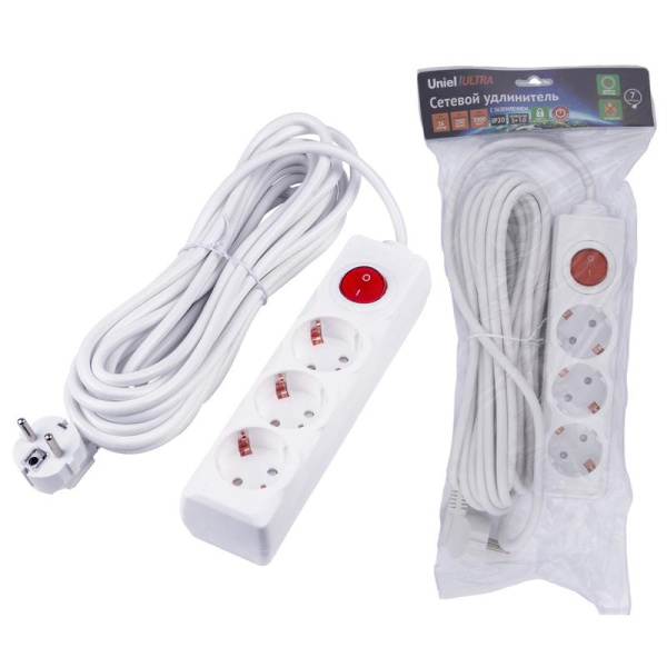 Удлинитель 3х7м с заземл. 16А Ultra S-GCU3-7B WHITE бел. Uniel UL-00010019