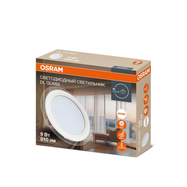 Светильник светодиодный Downlight DL GLASS 840 WT 9Вт 4000К IP20 810лм ДВО даунлайт кругл. встраив. с декоративным стеклом бел. OSRAM 4607194230716