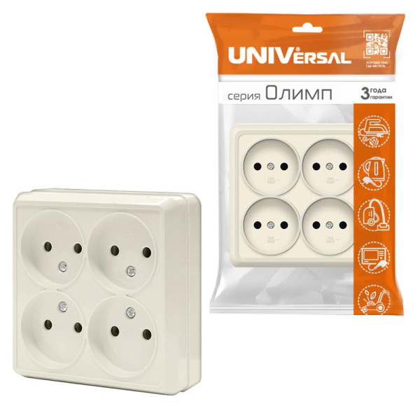 Розетка 4-м ОП Олимп 16А IP20 квадрат. без заземл. сл. кость UNIVersal 1170
