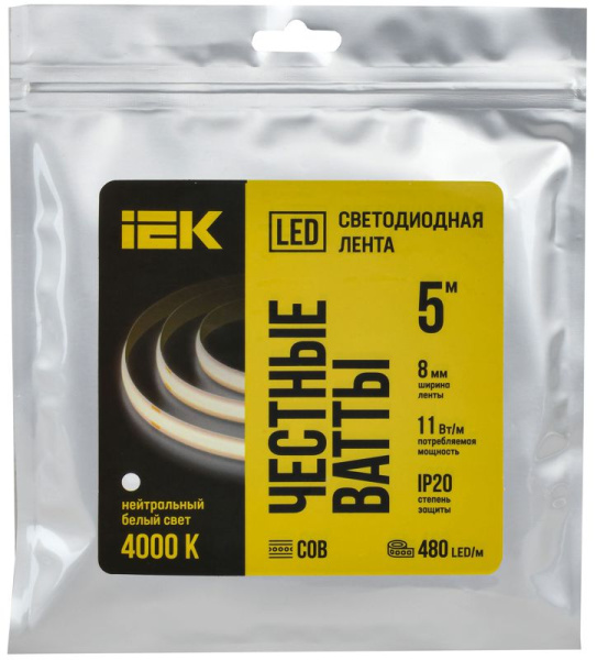 Лента светодиодная COB-480LED 11Вт/м IP20 8мм 24В 4000К (уп.5м) IEK LSR11-10-480-20-1-05
