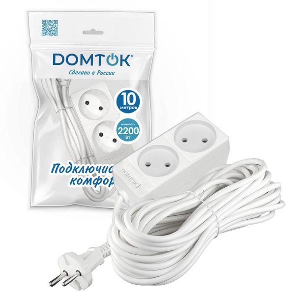 Удлинитель 2х10м без заземл. 10А IP20 2.2кВт ПВС 2х1 бел. DOMTOK 2345
