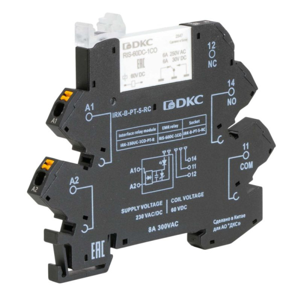 Реле интерфейсное 6А AgSnO2 230В AC/DC 1перекл. RC- цепь push-in клеммы DKC IRK-230UC-1CO-PT-R