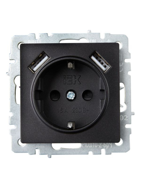 Розетка BRITE РЮш10-2-БрЧ 16А с USB A+A 3.1А с заземл. защ. шторки механизм черн. IEK BR-R14-16-U21-D31-K02
