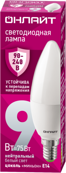 Лампа светодиодная 90 411 OLL-C37-9-230-4K-E14-FR 9Вт свеча 4000К E14 90-240В PRO ОНЛАЙТ 90411