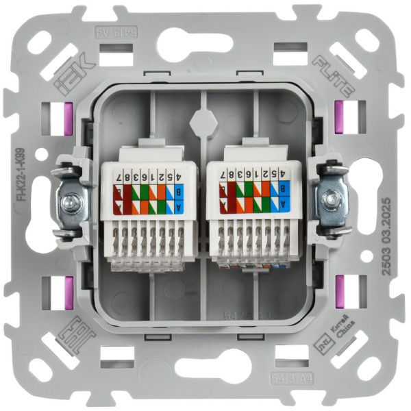 Розетка компьютерная 2-м СП FLITE РК5е-2-0-ФлПр RJ45 кат.5E UTP механизм пурпур. IEK FI-K22-1-K99
