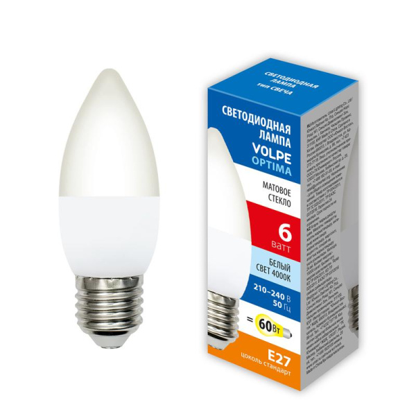 Лампа светодиодная LED-C37-6W/4000K/E27/FR/SLS 6Вт свеча матовая 4000К бел. свет E27 Volpe UL-00008789