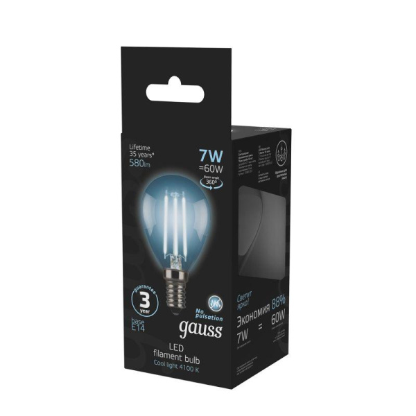 Лампа светодиодная филаментная Black Filament 7Вт P45 шар 4100К нейтр. бел. E14 580лм GAUSS 105801207