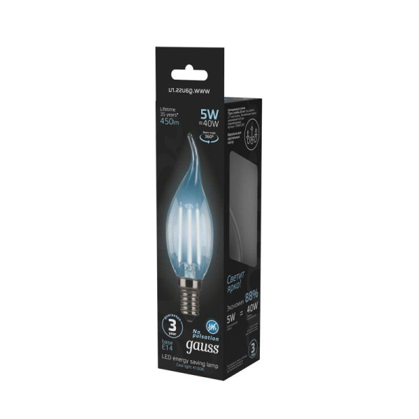 Лампа светодиодная филаментная Black Filament 5Вт свеча на ветру 4100К нейтр. бел. E14 450лм GAUSS 104801205