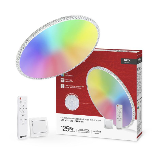 Светильник светодиодный NEO MYSTERY-125RGB-WH 125Вт 3000-6500К 10000лм 230В 465х70мм пульт ДУ бел. IN HOME 4690612062563