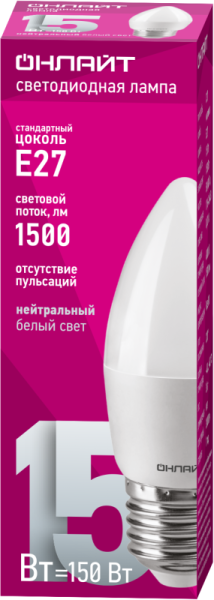 Лампа светодиодная 90 456 OLL-C37-15-230-4K-E27-FR 15Вт свеча 4000К нейтр. бел. E27 1500лм 176-264В ОНЛАЙТ 90456