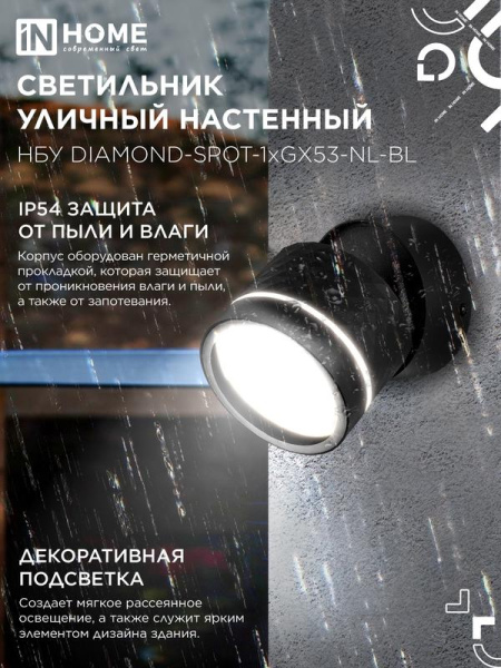Светильник НБУ DIAMOND-SPOT-NL-BL IP65 уличный под лампу GX53 алюм. черн. IN HOME 4690612052915
