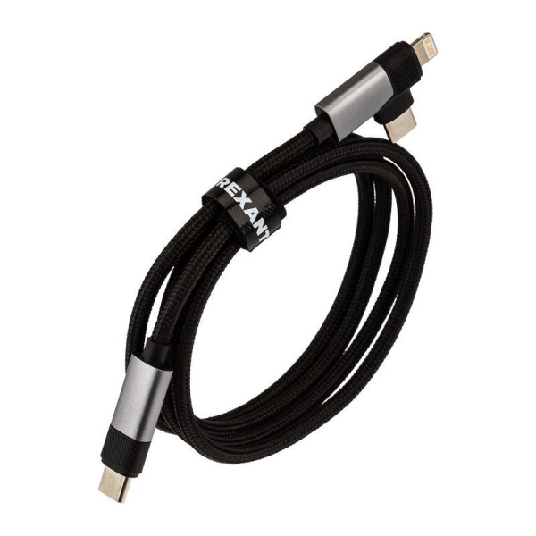 Кабель 2в1 Type-C Type-C Lightning 65Вт 1м нейлон. оплетка черн. Rexant 18-7095