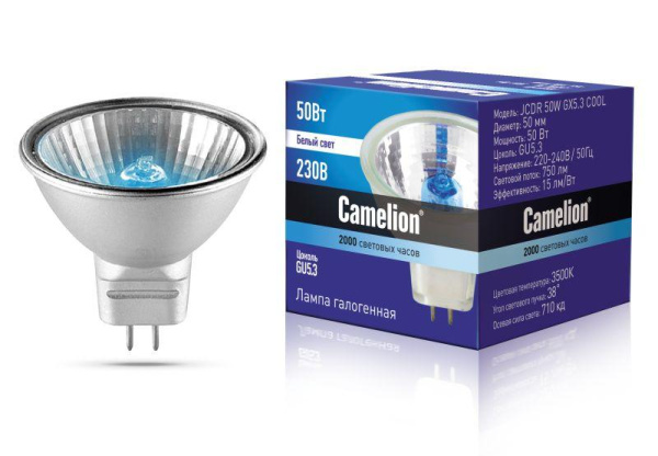 Лампа галогенная JCDR 50Вт 230В 50мм COOL с защ. стеклом Camelion 11470
