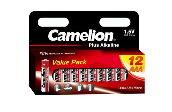 Элемент питания алкалиновый AAA/LR03 1.5В Plus Alkaline BLOCK-12 LR03-HP12 (уп.12 шт) Camelion 14260