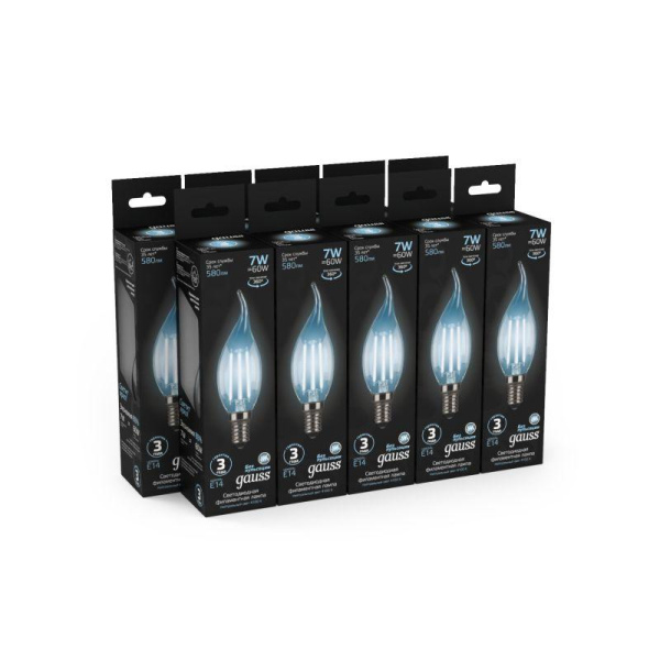 Лампа светодиодная филаментная Black Filament 7Вт свеча на ветру 4100К нейтр. бел. E14 580лм GAUSS 104801207