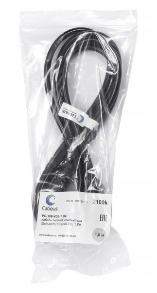 Кабель питания компьютера PC-186-VDE-1.8M Schuko+C13 3х0.75 1.8м Cabeus 2100k