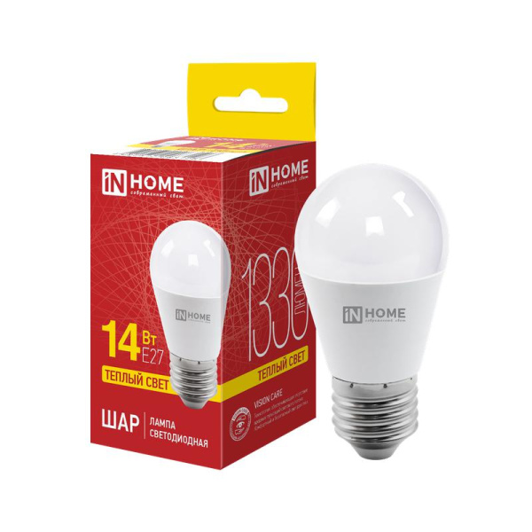 Лампа светодиодная LED-ШАР-VC 14Вт шар 3000К E27 1330лм 230В IN HOME 4690612063126