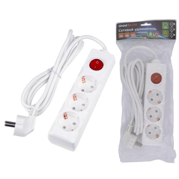 Удлинитель 3х2м с заземл. 16А Ultra S-GCU3-2B WHITE бел. Uniel UL-00010015
