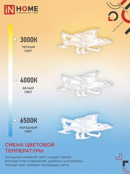 Светильник светодиодный ELEGANT LOTUS 120Вт 3000-6500К 8400лм 230В 810х700х120мм с пультом ДУ бел. IN HOME 4690612051512