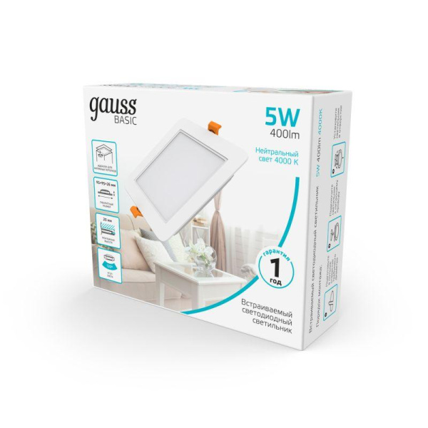Светильник светодиодный Basic Downlight 5Вт 4000К IP20 400лм 170-260В 95х26 квадрат бел. GAUSS 9031420205