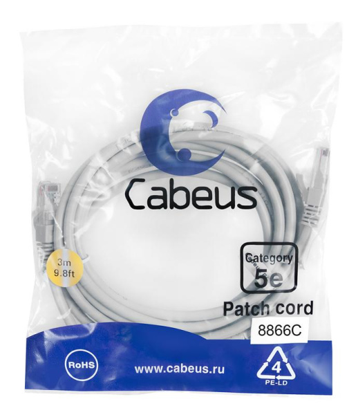 Патч-корд U/UTP кат.5E PC-UTP-RJ45-Cat.5e-3m-LSZH 2хRJ45/8p8c неэкранир. LSZH 3м сер. Cabeus 8866c