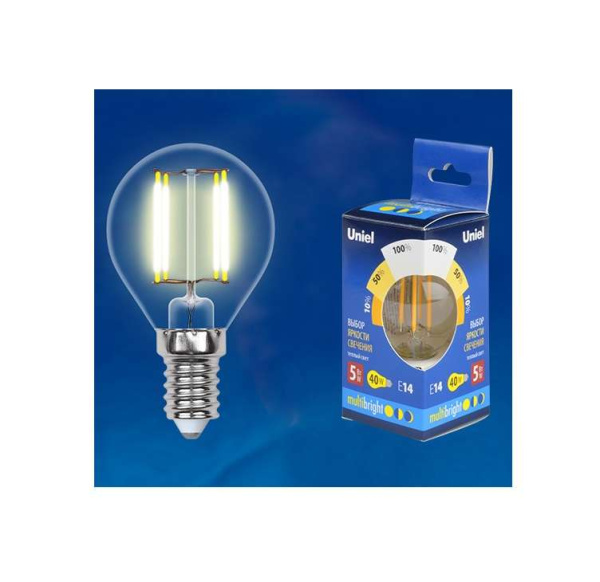 Лампа светодиодная LED-G45-5W/WW/E14/CL/MB GLM10TR форма "шар" прозр. Multibright свет теплый бел. 3000К 100-50-10 упак. картон Uniel UL-00002369