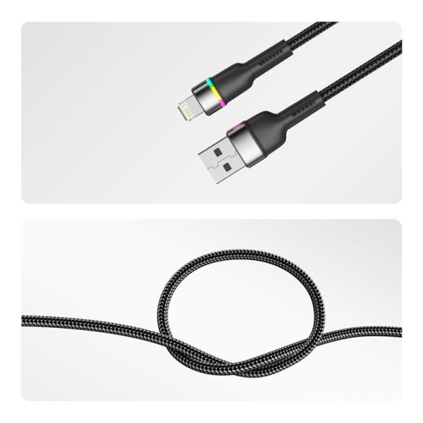 Кабель USB-A-Lightning для Apple 2.4А 1м черн. нейлон. оплетка LED подсветка Rexant 18-7059