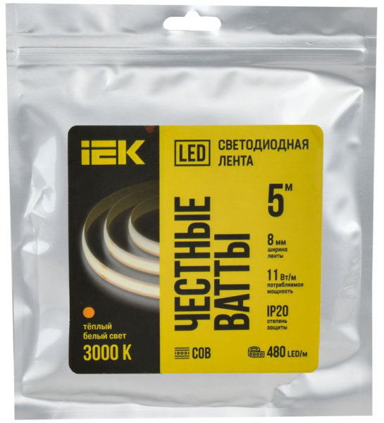 Лента светодиодная COB-480LED 11Вт/м IP20 8мм 24В 3000К (уп.5м) IEK LSR11-1-480-20-1-05