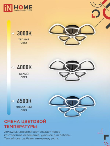 Светильник светодиодный ELEGANT SANSA-90В 90Вт 3000-4000-6500К 7000лм 230В 650х650х130мм с пультом ДУ IN HOME 4690612035376