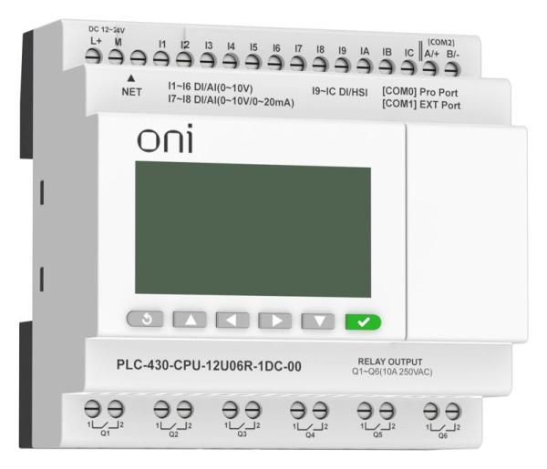 Модуль ЦПУ ПЛК 430 4 DI 6 UI (0-10В/DI) 2 UI (0-10В/0-20мА/DI) 6 RO 24В DC с Ethernet портом с экраном ONI PLC-430-CPU-12U06R-1DC-00