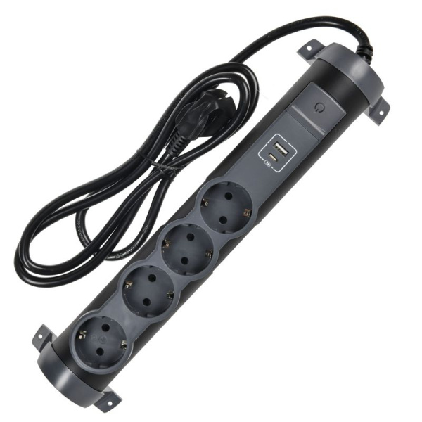 Удлинитель 4х1.5м 16А IP20 2хUSB+4х2P+E черн. IEK 694616