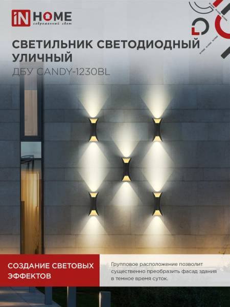 Светильник светодиодный ДБУ CANDY-12B 12Вт 3000К IP65 уличный черн. IN HOME 4690612051901