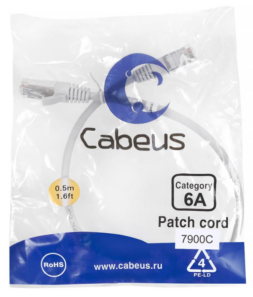 Патч-корд S/FTP кат.6A PC-SSTP-RJ45-Cat.6a-0.5m-LSZH 2xRJ45/8p8c экранир. LSZH (10G) 0.5м сер. Cabeus 7900c