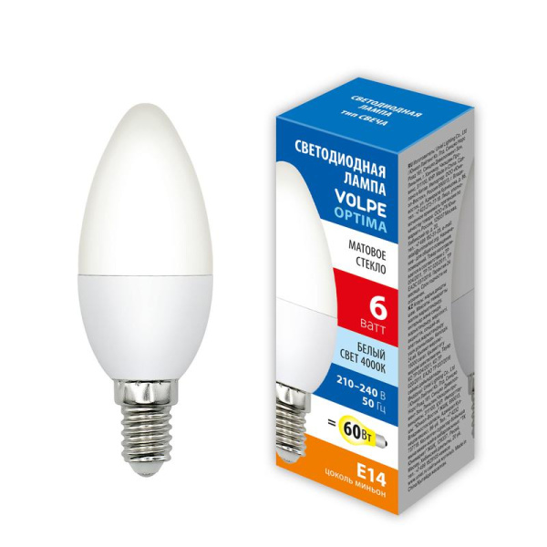 Лампа светодиодная LED-C37-6W/4000K/E14/FR/SLS 6Вт свеча матовая 4000К бел. свет E14 Volpe UL-00008795
