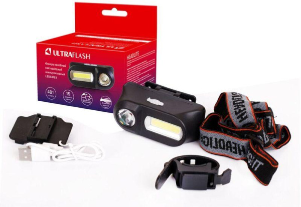 Фонарь аккумуляторный налобный LED53763 XPE + COB LED 3 + 3Вт 1 режим аккум 3.7В крепл. черн. (бокс) Ultraflash 14504