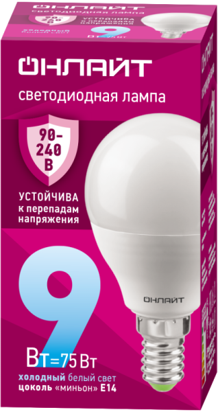 Лампа светодиодная 90 422 OLL-G45-9-230-6.5K-E14-FR 9Вт шар 6500К E14 90-240В PRO ОНЛАЙТ 90422