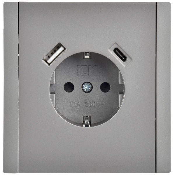 Розетка FORTE&PIANO FP547 16А USB A+C 18Вт с заземл. защ. шторки винт. крепл. сталь IEK FP-R14-16-U22-018-K46