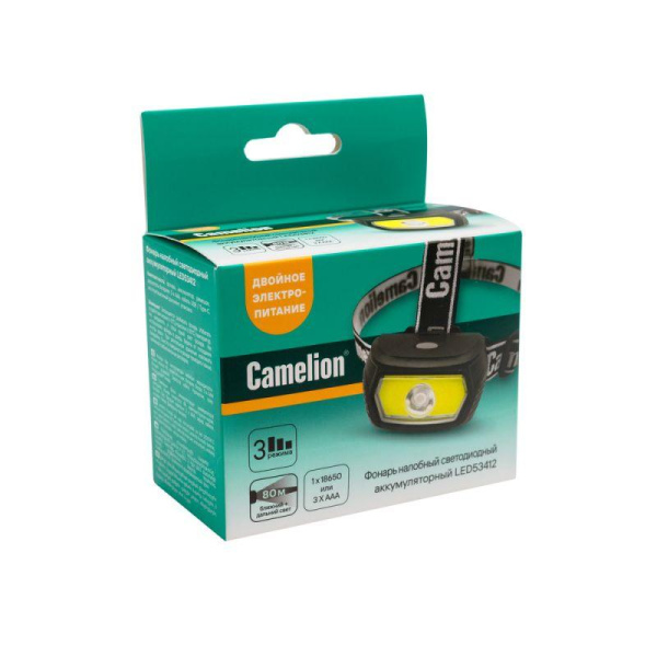 Фонарь налобный LED53412 аккум. 3.7В COB+LED 3Вт 3 реж. 3 x AAA Type-C бокс карбон Camelion 15764